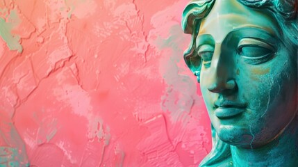 Pastel Reverence, Close-Up of Abstract Greek Deity Sculpture Against Gradient Pink and Green Background, Offering Copy Space