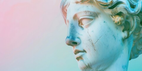 Pastel Reverence, Close-Up of Abstract Greek Deity Sculpture Against Gradient Pink and Green Background, Offering Copy Space