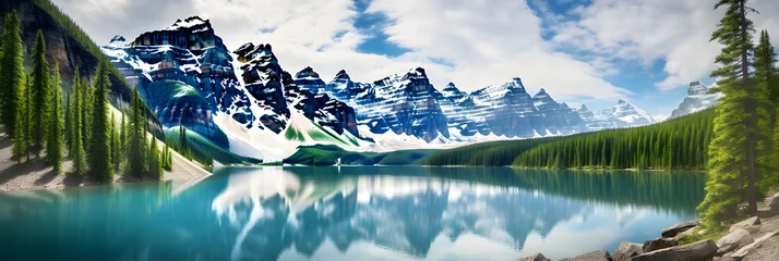 Fotobehang Enthralling Beauty of Pristine Snow-Capped Peaks and Dense Forests Reflected in the Serenity of a Lake © Bobby