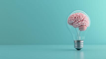 Human brain inside of a light bulb on isolated blue background with space for copy