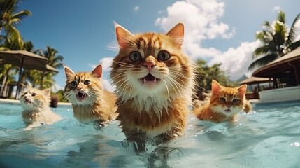 Cats swim in Water outdoor pool at Tropical hotel resort, leisure and luxury relaxation