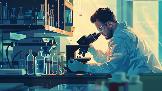 Concentrated scientist working diligently in a laboratory. researcher using a microscope. modern science lab. AI