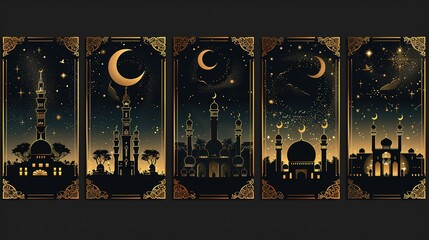 Ramadan Kareem celebrate cards set. Ramadan islamic holiday invitations templates collection with gold crescent moon, hand drawn lettering and mosque. Vector illustration