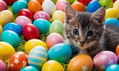Fototapeta na wymiar Easter small grey kitten playing in the spring green grass with painted colorful eggs. Concept of Pascha or Resurrection Sunday, is Christian festival and cultural holiday