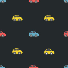 Seamless Pattern with Toy Cars. Multicolored toy cars. Background with Red, Blue, Yellow Toy Cars. Vector illustration on black