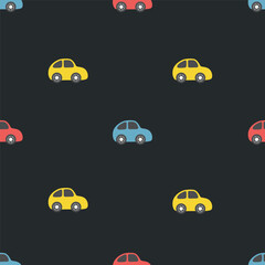 Seamless Pattern with Toy Cars. Multicolored toy cars. Background with Red, Blue, Yellow Toy Cars. Vector illustration on black