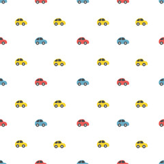 Seamless Pattern with Toy Cars. Multicolored toy cars. Background with Red, Blue, Yellow Toy Cars for children. Vector illustration on white