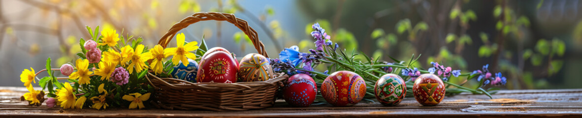 Vibrantly painted Easter eggs in a wicker basket surrounded by a variety of fresh spring flowers on a rustic wooden table. - obrazy, fototapety, plakaty