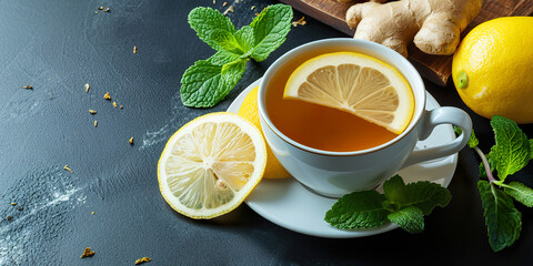 Cup of healthy ginger tea with mint leaves - obrazy, fototapety, plakaty