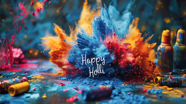 happy holi text with explosion of colors