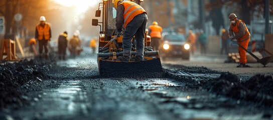 Workers in reflective vests lay asphalt with construction machinery amidst a dynamic street scene