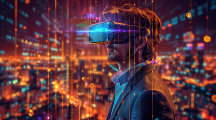 Strategic visualization: Businessman in suit employs VR technology to manage digital charts