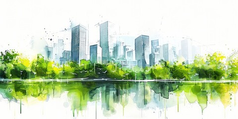 Generative AI, Watercolor painted green ecology urban landscape, Sustainable Living, Eco-Friendly concept