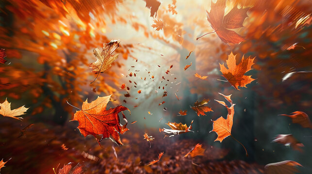 autumn leaves flying through the air against fog in the background