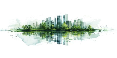 Obraz premium Generative AI, Watercolor painted green ecology urban landscape, Sustainable Living, Eco-Friendly concept