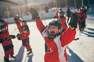 Children celebrating victory after an ice hockey game, Joyful celebrations, Team camaraderie, Victory cheers