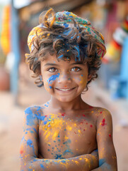 Obraz premium Indian little boy playing colors on holi festival