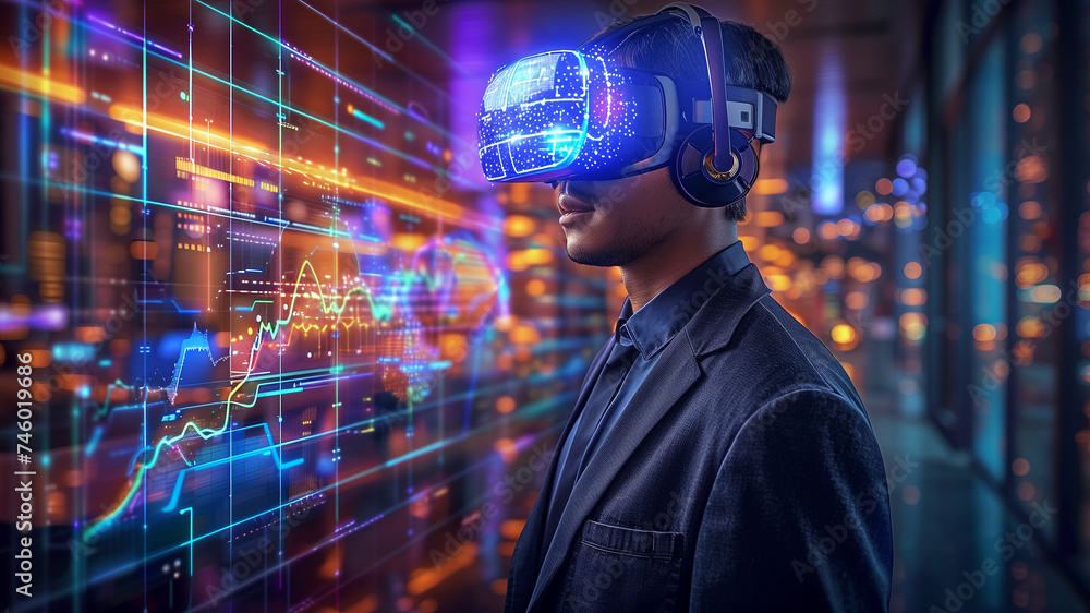 Poster professional in a suit utilizes vr technology to interact with digital data in dimly lit office