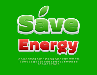 Vector eco poster Save Energy with set of Alphabet Letters and Numbers. Green modern Font.