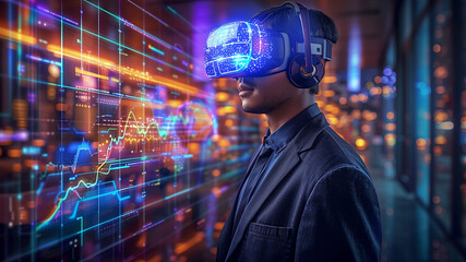 Professional in a suit utilizes VR technology to interact with digital data in dimly lit office