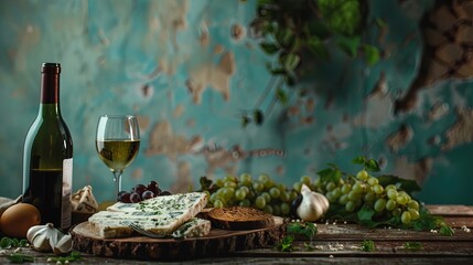 Wine and cheese on a wooden table in a rustic style, ai generative