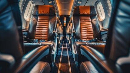 Our stock image captures modern seats on an airplane, providing a unique perspective of the interior corridor. Experience contemporary travel with comfort and style