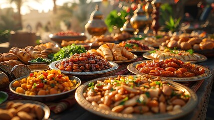 Sumptuous Spread Of Traditional Arabic Food Served During Ramadan Featuring Dates and Almonds 