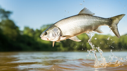 Shad fish in a freshwater fish jumping out of river water.
 - obrazy, fototapety, plakaty