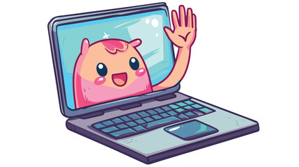 Cute funny laptop waving hand character. Vector hand