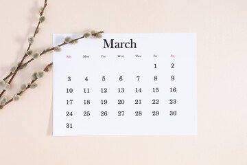 Flat lay, top view of paper desk calendar for March 2024, willow plant branches on isolated pastel beige background