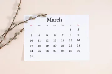 Papier Peint photo Lavable Visage de femme Flat lay, top view of paper desk calendar for March 2024, willow plant branches on isolated pastel beige background