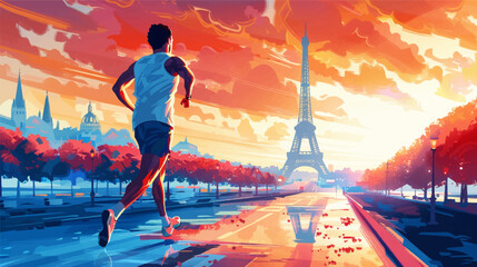 Colorful illustration of a persons running in Paris with the Eiffel Tower in the background, Olympic Games, marathonist