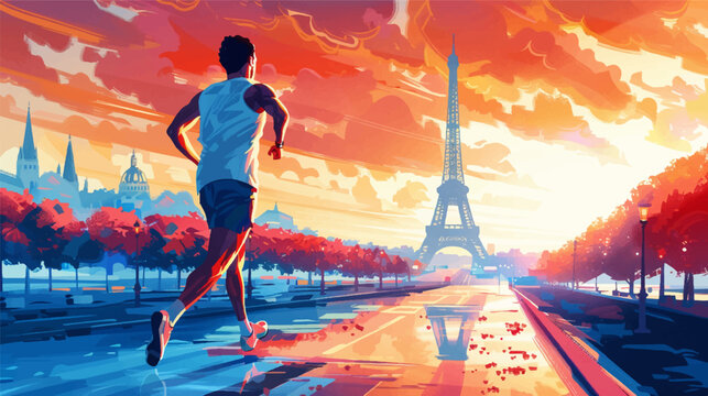 Colorful illustration of a persons running in Paris with the Eiffel Tower in the background, Olympic Games, marathonist