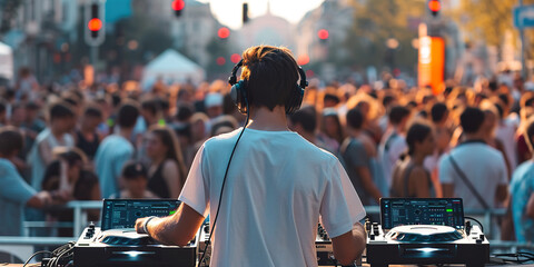 Dj mixing outdoor at festival with crowd of people