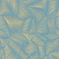 Christmas golden wavy line texture with sparkles on blue background. Seamless festive pattern of silky curved shapes.