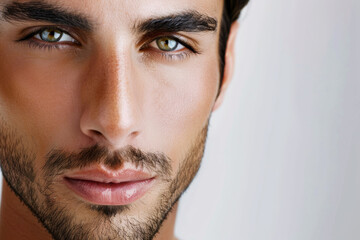 Obraz premium A close-up of a man's face, showcasing deep, expressive eyes and a subtle half-smile. The fine details of his facial features are highlighted, exuding a confident and alluring charisma