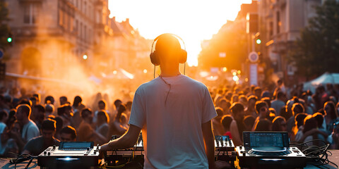 Dj mixing outdoor at festival with crowd of people