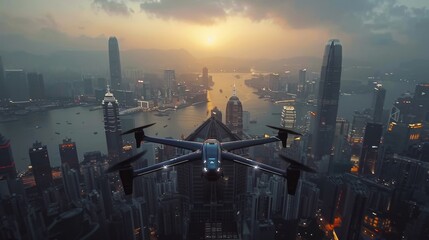 Air taxis landing on skyscrapers. - obrazy, fototapety, plakaty
