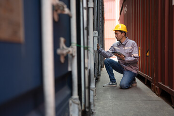 Asia logistic engineer worker or foreman use tablet computer working at container site	