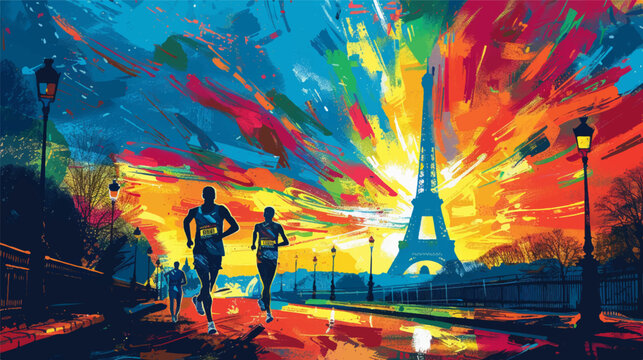 Colorful illustration of a persons running in Paris with the Eiffel Tower in the background, Olympic Games