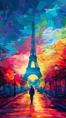 Colorful illustration of Paris cityscape with the Eiffel Tower in the background