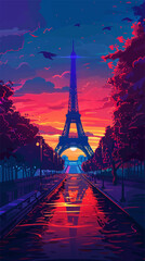 Colorful illustration of Paris cityscape with the Eiffel Tower in the background