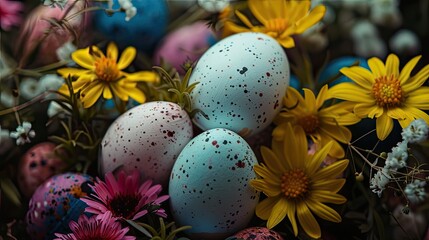 Obraz na płótnie Canvas Our stock image features a congratulatory background with vibrant Easter eggs and flowers—a festive composition perfect for conveying the joy of the season