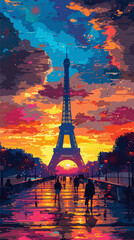 Colorful illustration of Paris cityscape with the Eiffel Tower in the background