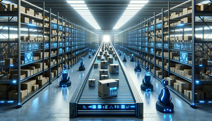 Futuristic automated warehouse interior with tall shelves stocked with boxes,robotic assistants on the floor,and a high-tech,glowing conveyor system under cool lighting.Logistics concept.AI generated. - obrazy, fototapety, plakaty