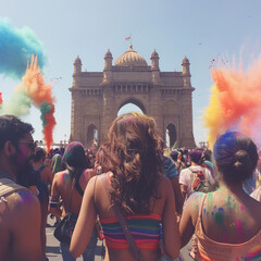 Indian people group celebrating traditional festival holi - obrazy, fototapety, plakaty