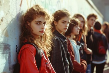 Fototapeta premium A red-jacket-wearing young woman commands attention with her distinct style against a graffiti backdrop