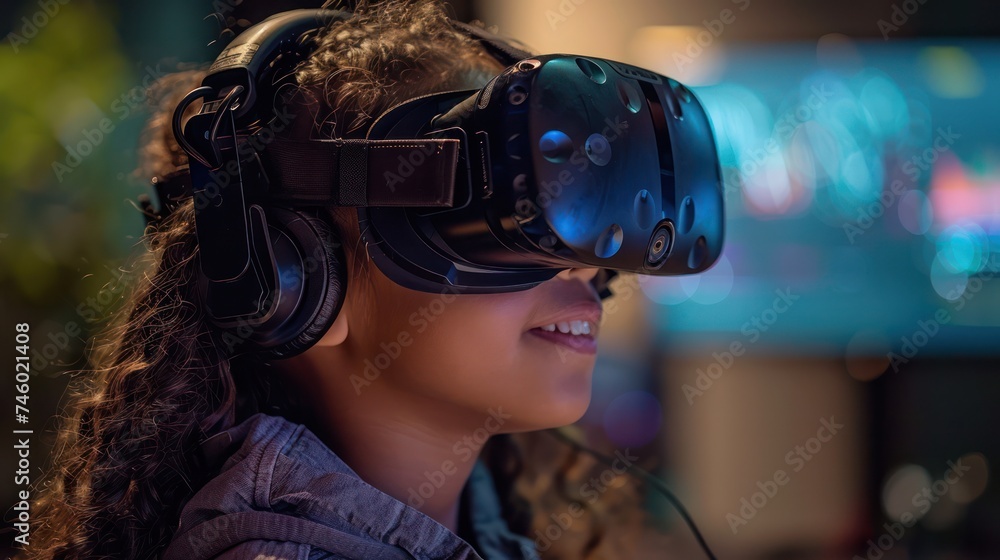 Poster a close up view of a virtual reality simulation guiding a young student through an immersive learnin