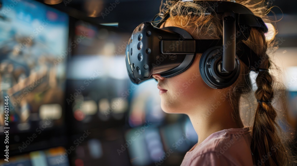 Poster a close up view of a virtual reality simulation guiding a young student through an immersive learnin