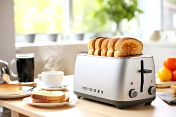 Foto op Plexiglas A sleek modern toaster with freshly toasted bread on a sunny bright kitchen countertop table with hot coffee and citrus fruits. Concept of a healthy and energizing morning breakfast routine © Garnar